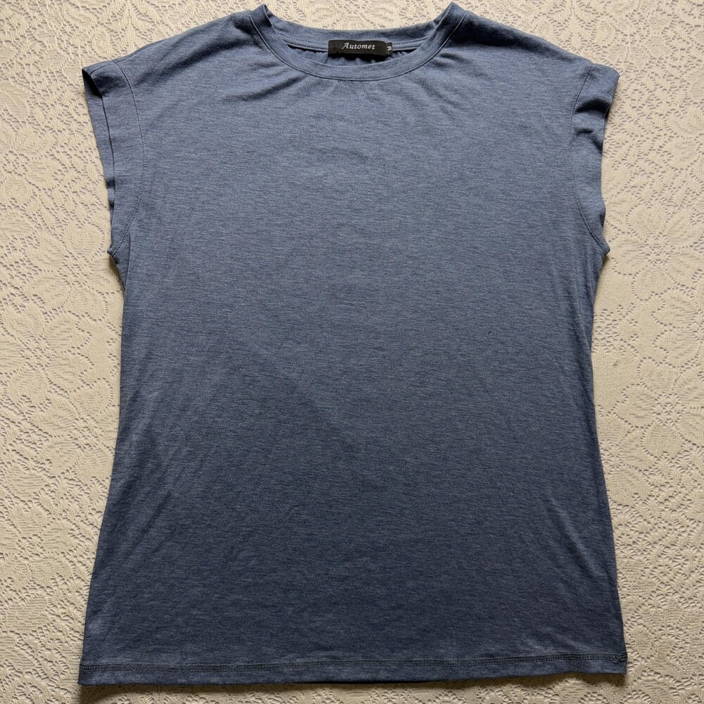 Automet Shirt Womens Medium Blue Cap Sleeve Crew Neck Stretch Tee Basic Jersey